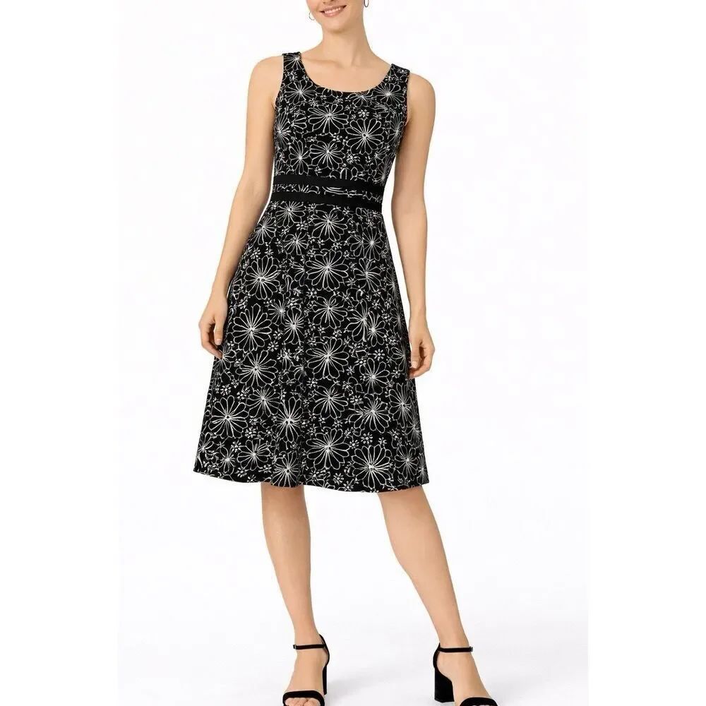 Talbots black and white embroidered floral empire waist sheath dress 8